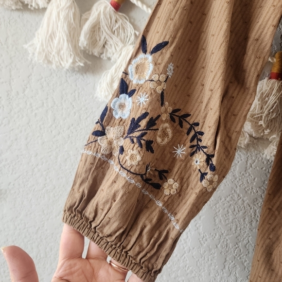 J. Jill Floral Embroidered Button Up Half Sleeve Brown Top Boho Modest Prairie S - Picture 5 of 11